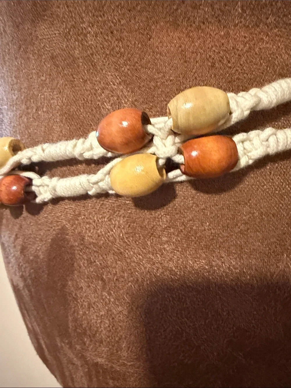 Macramé Fringe Tie Belt with Wooden Bead Detail — Cream and Brown